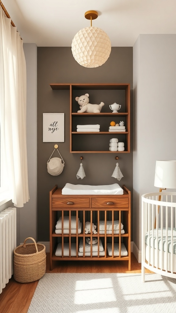 A cozy nursery with a wall-mounted changing station, featuring a wooden changing table, open shelves with towels and toys, and a soft rug.