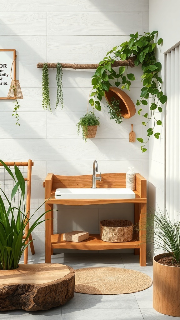 A nature-inspired changing station with wooden furniture, plants, and a cozy atmosphere.