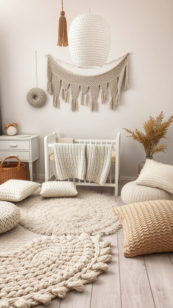A cozy gender-neutral baby nursery with textured decor, including knitted blankets, round rugs, and woven wall art.