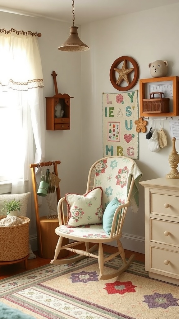 A cozy gender-neutral nursery featuring a floral rocking chair, family heirlooms, and playful wall art.