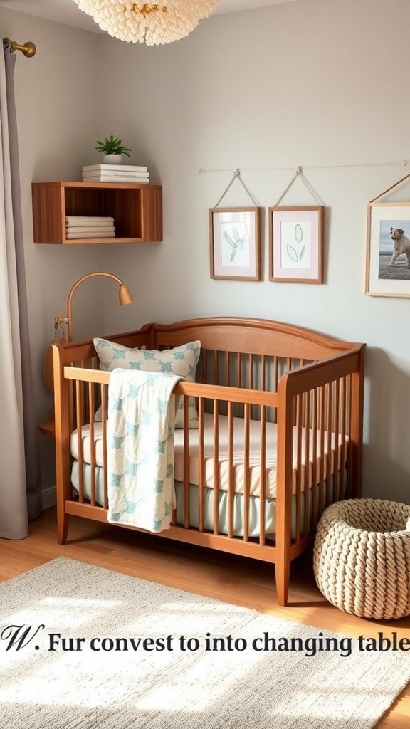 A small nursery featuring a convertible crib and changing table, with a cozy blanket, stylish lamp, and storage basket.