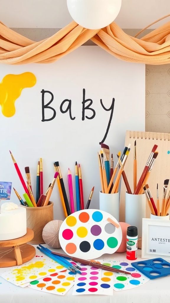 A colorful baby shower setup featuring art supplies, paintbrushes, and a sign that says 'Baby.'