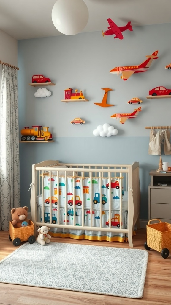 A transportation-themed nursery featuring colorful wall decor with planes and cars, a crib with a vehicle-patterned blanket, and soft toys.