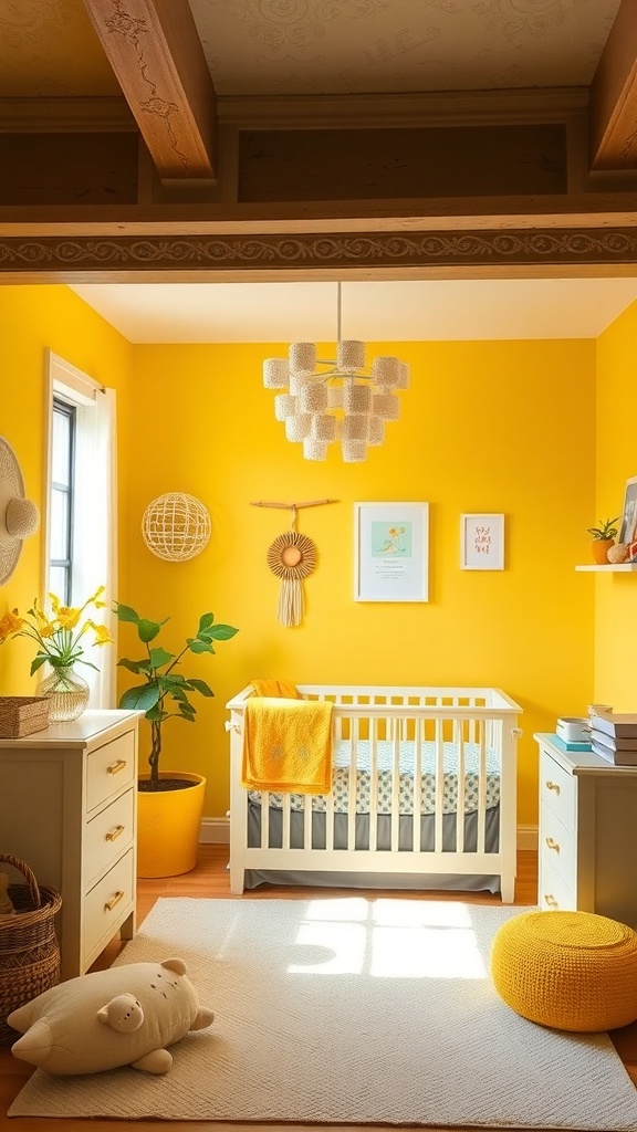 A bright nursery painted in cheerful lemon yellow with a crib, white furniture, and playful decor.