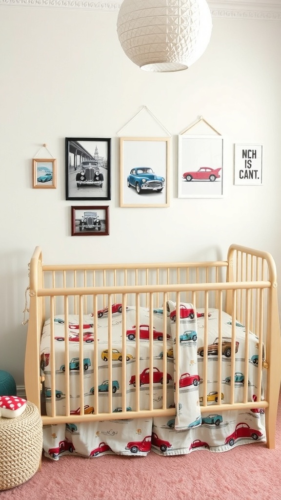 A nursery featuring a crib with a vintage car-themed blanket and framed car art on the wall.