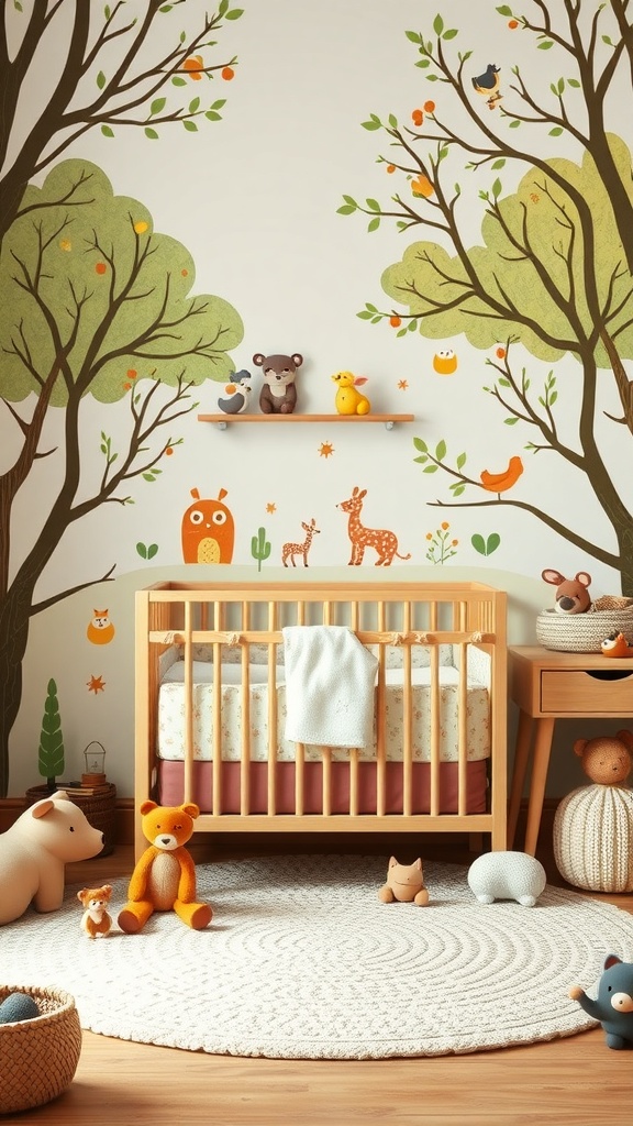 A cozy baby nursery with woodland creature decorations, featuring trees, animals, and a crib.