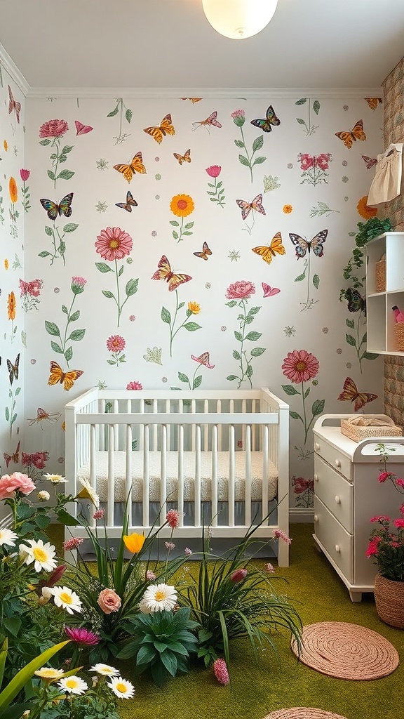 A whimsical baby nursery with floral wallpaper and butterflies, featuring a white crib and colorful flowers.