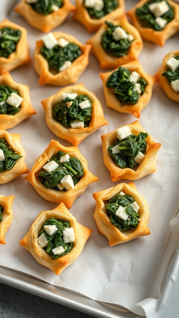A tray of puff pastry bites filled with spinach and topped with feta cheese.