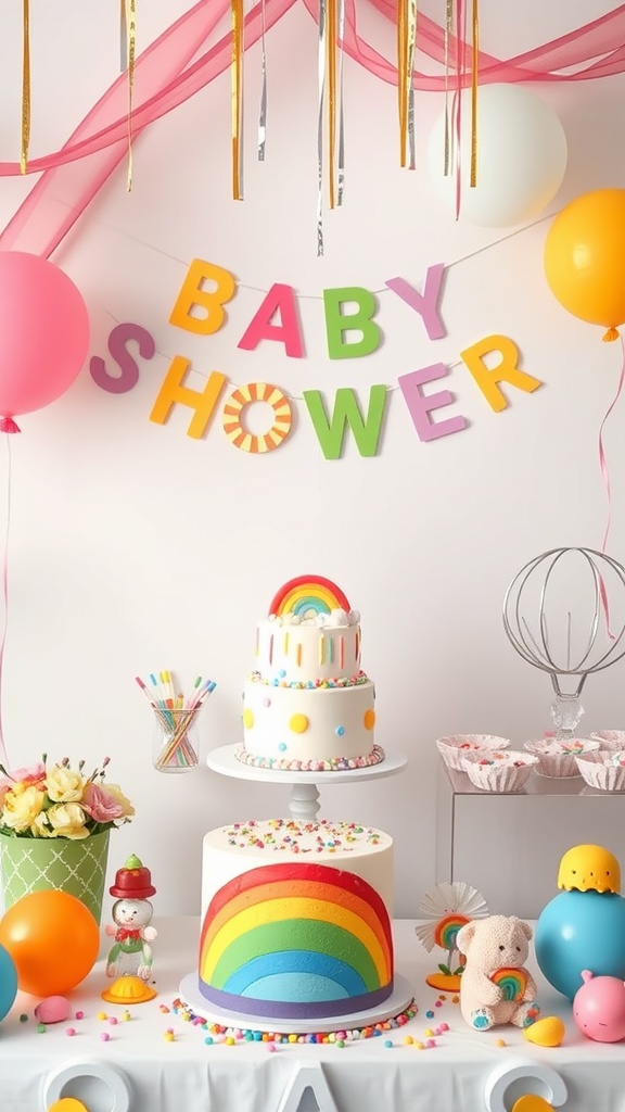A colorful baby shower setup featuring a rainbow-themed cake, balloons, and decorations.