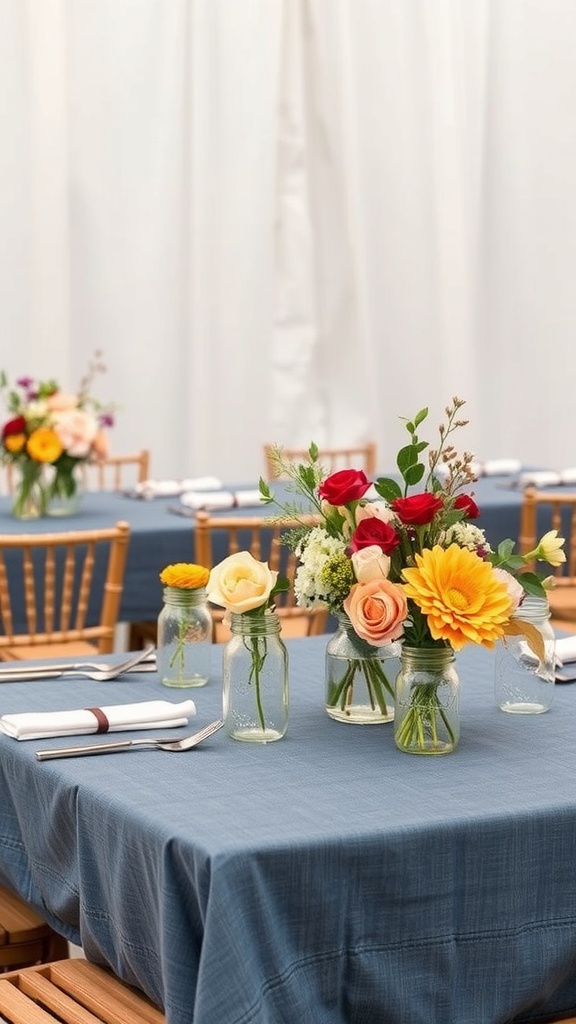 Rustic denim table settings with floral arrangements in mason jars