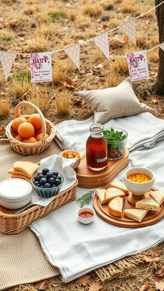 A rustic picnic setup with food and drinks on a blanket in a natural setting.