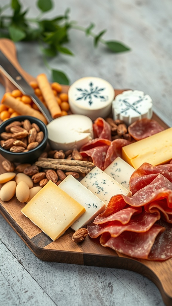 A beautifully arranged cheese and meat platter with various cheeses, cured meats, nuts, and crackers.