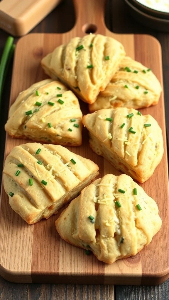 Savory scones with cheese and chives on a wooden cutting board