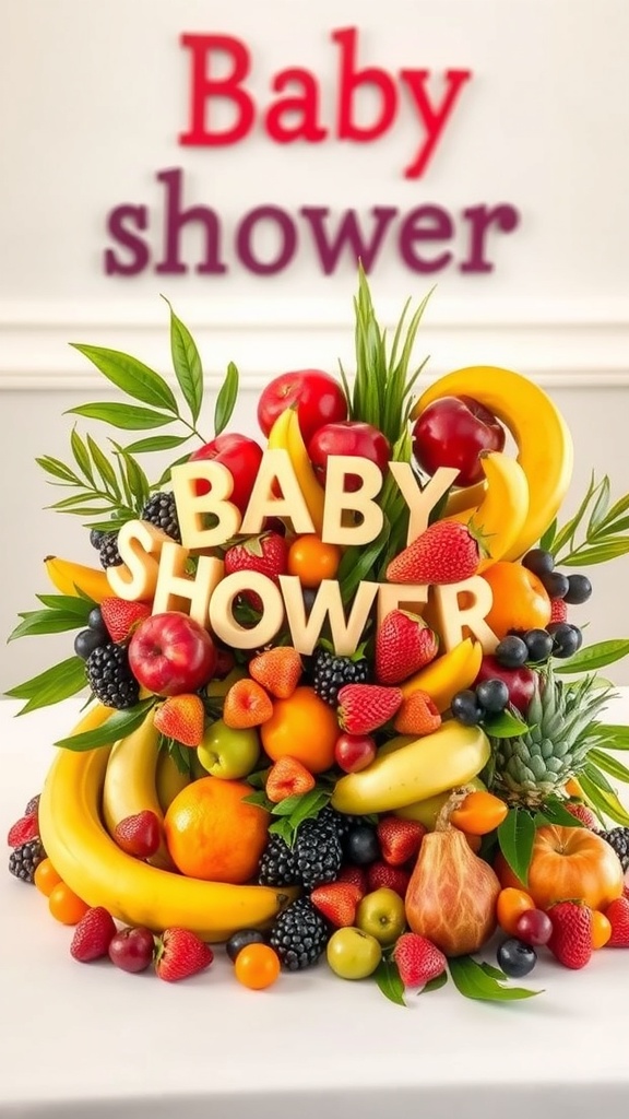A colorful fruit centerpiece for a baby shower featuring various fruits and decorative letters.