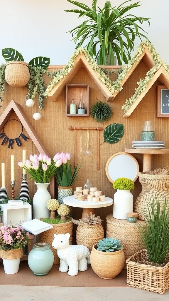 A beautifully arranged baby shower decor featuring plants, woven baskets, and eco-friendly materials.
