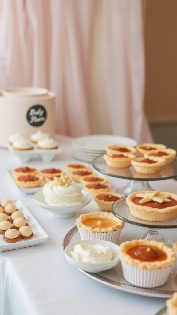 A beautifully arranged dessert table featuring mini pies, whipped cream, and cookies for a baby shower.