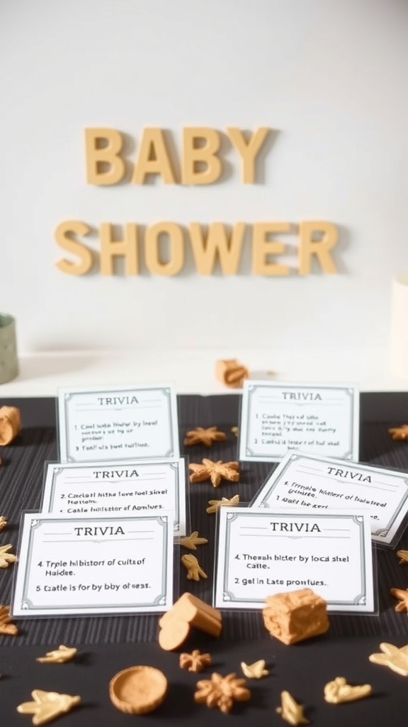 Trivia cards for a baby shower game on a table with decorations.