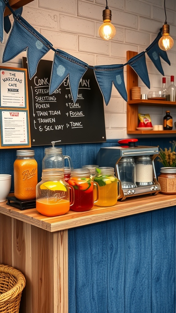 A refreshments station for a blue jean baby shower featuring colorful drinks in mason jars, a wooden countertop, and denim-themed decorations.