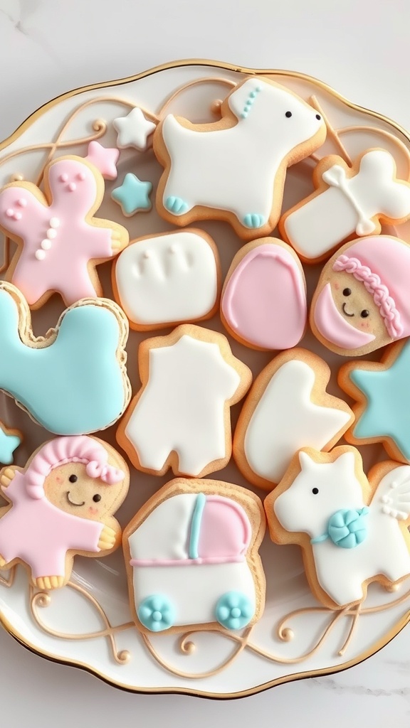 A decorative platter filled with themed sugar cookies for a baby shower, featuring shapes like a baby bottle, stroller, and cute dog, in soft pastel colors.
