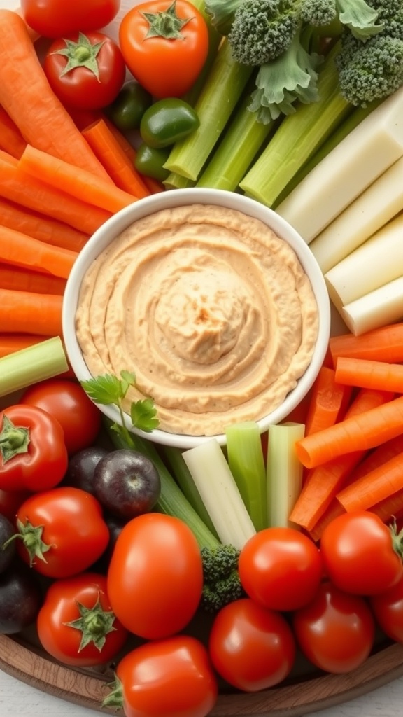 A colorful vegetable crudité platter with hummus dip, featuring carrots, celery, tomatoes, and broccoli.