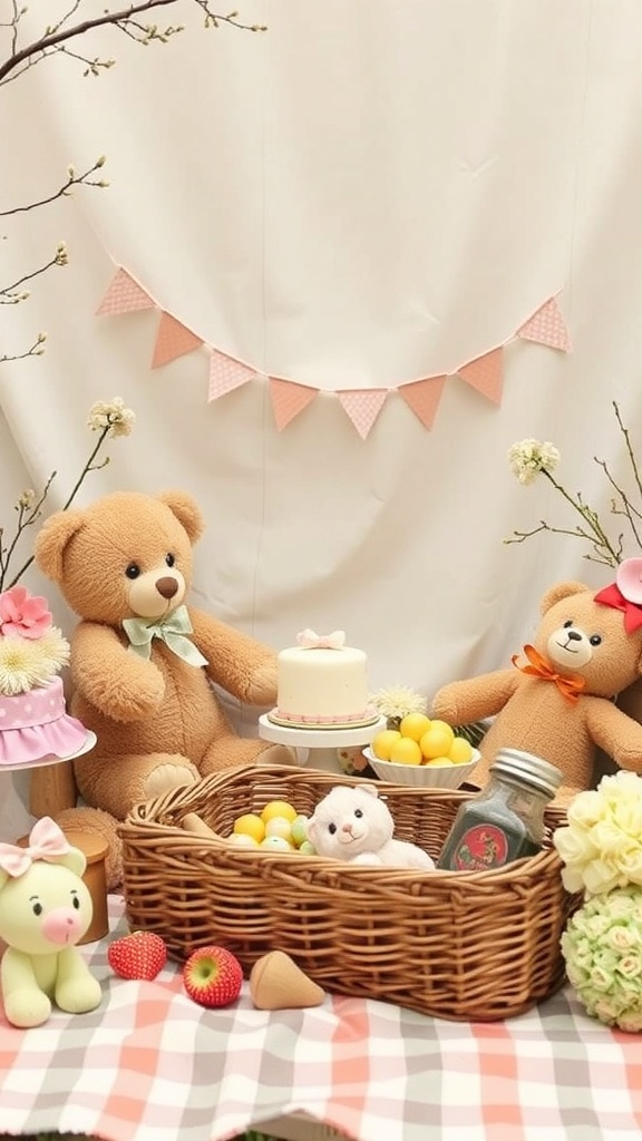 A vintage teddy bear picnic setup featuring plush bears, a picnic basket, and a small cake on a checkered tablecloth.