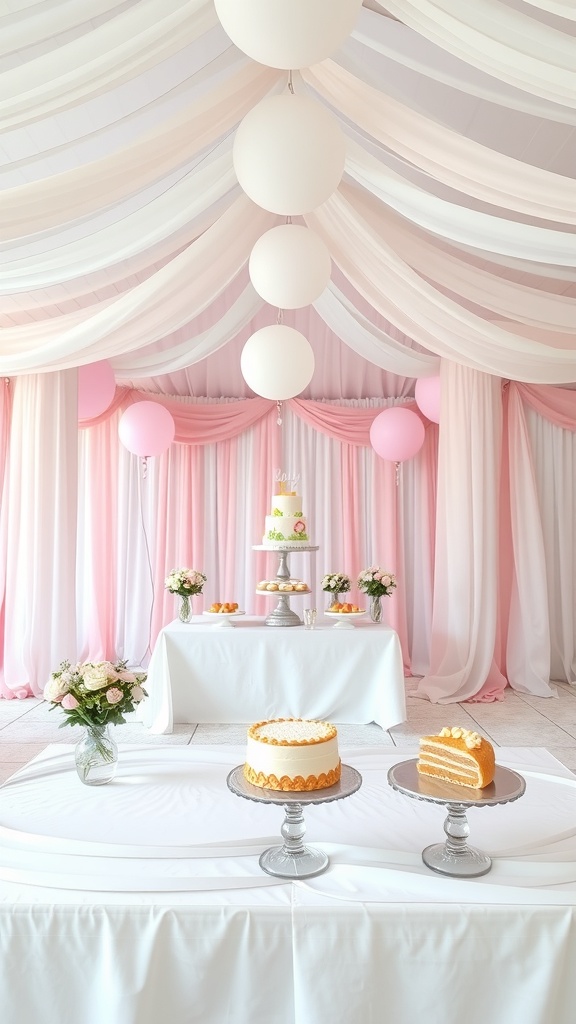Decorations for a cutie pie baby shower with pink and white drapery, balloons, and a dessert table featuring cakes and flowers.