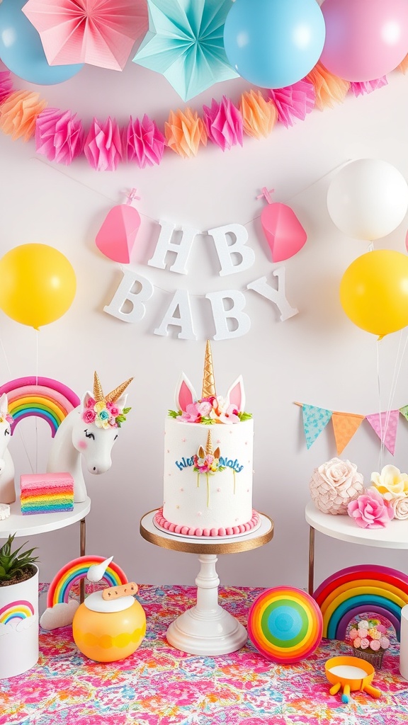 A colorful unicorn-themed baby shower setup with a cake, balloons, and decorations.
