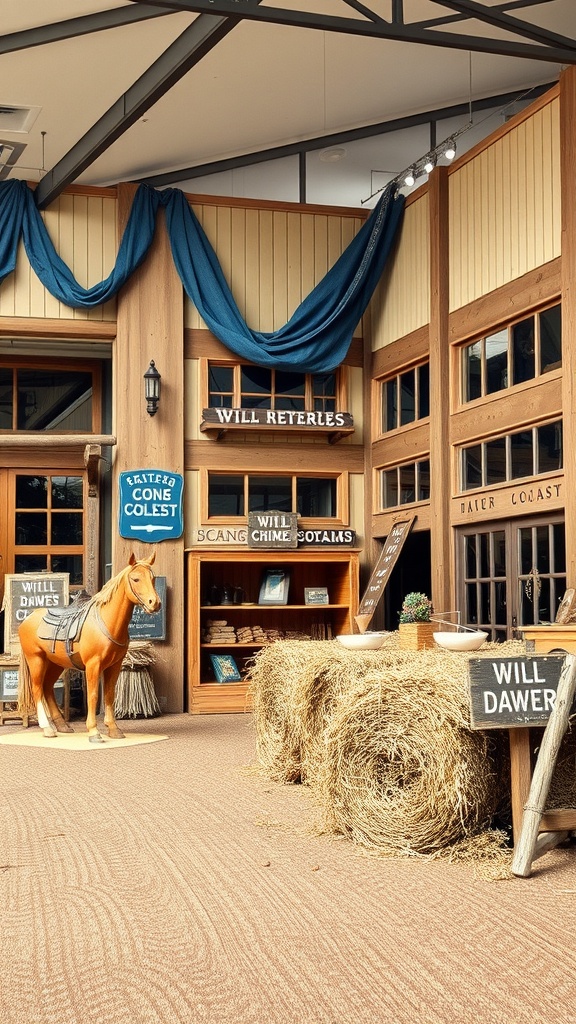 Decor for a Wild West baby shower featuring wooden signs, hay bales, and a toy horse.