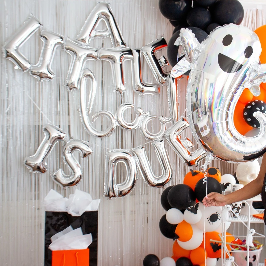Silver ghost balloon baby shower photo booth
