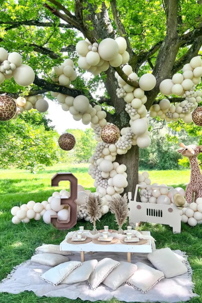 Safari themed outdoor birthday picnic area for kids
