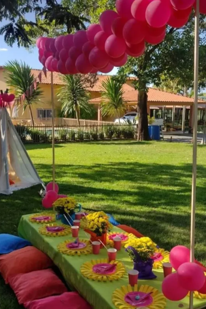 Bright outdoor picnic table with pink balloons and flower plates
