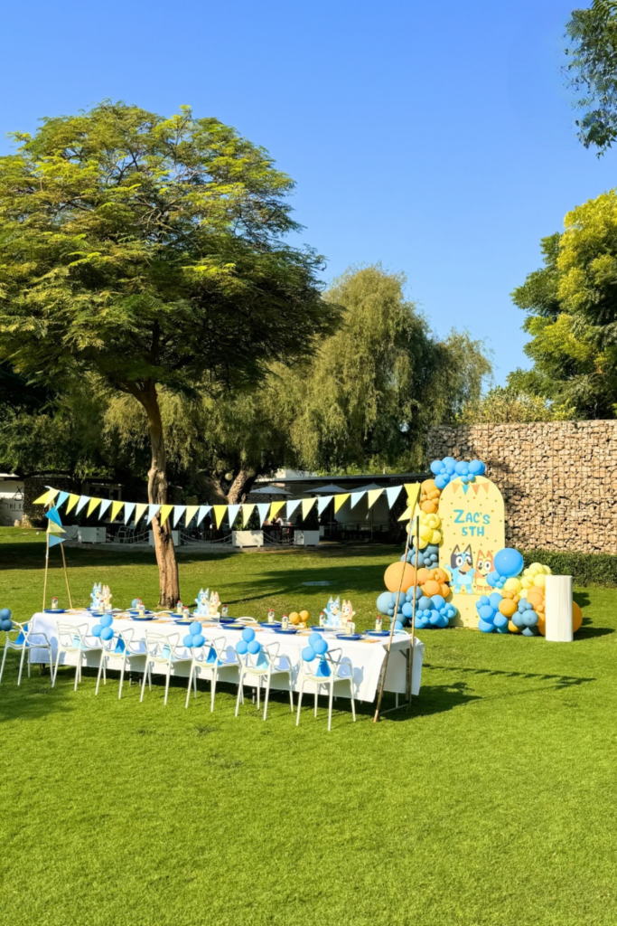 Blue themed outdoor birthday party area with balloon arch