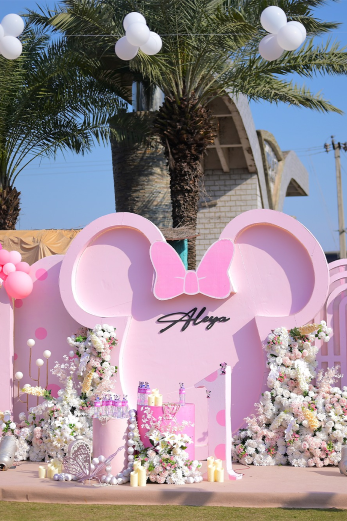 Pink mouse birthday backdrop with flowers and number one