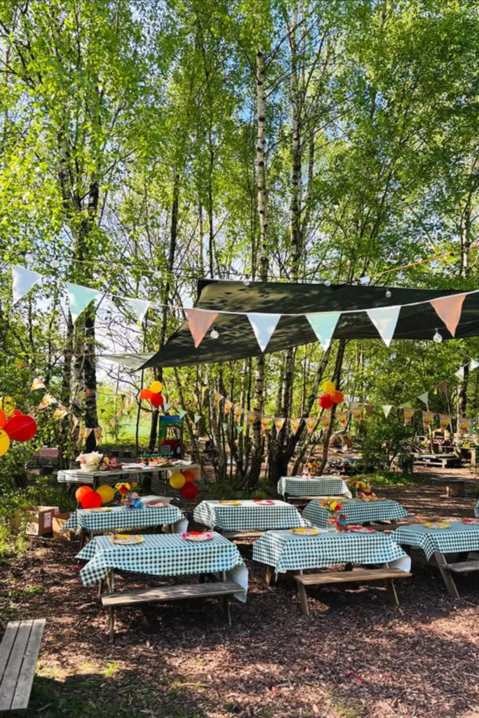 Forest birthday picnic tables under tall trees