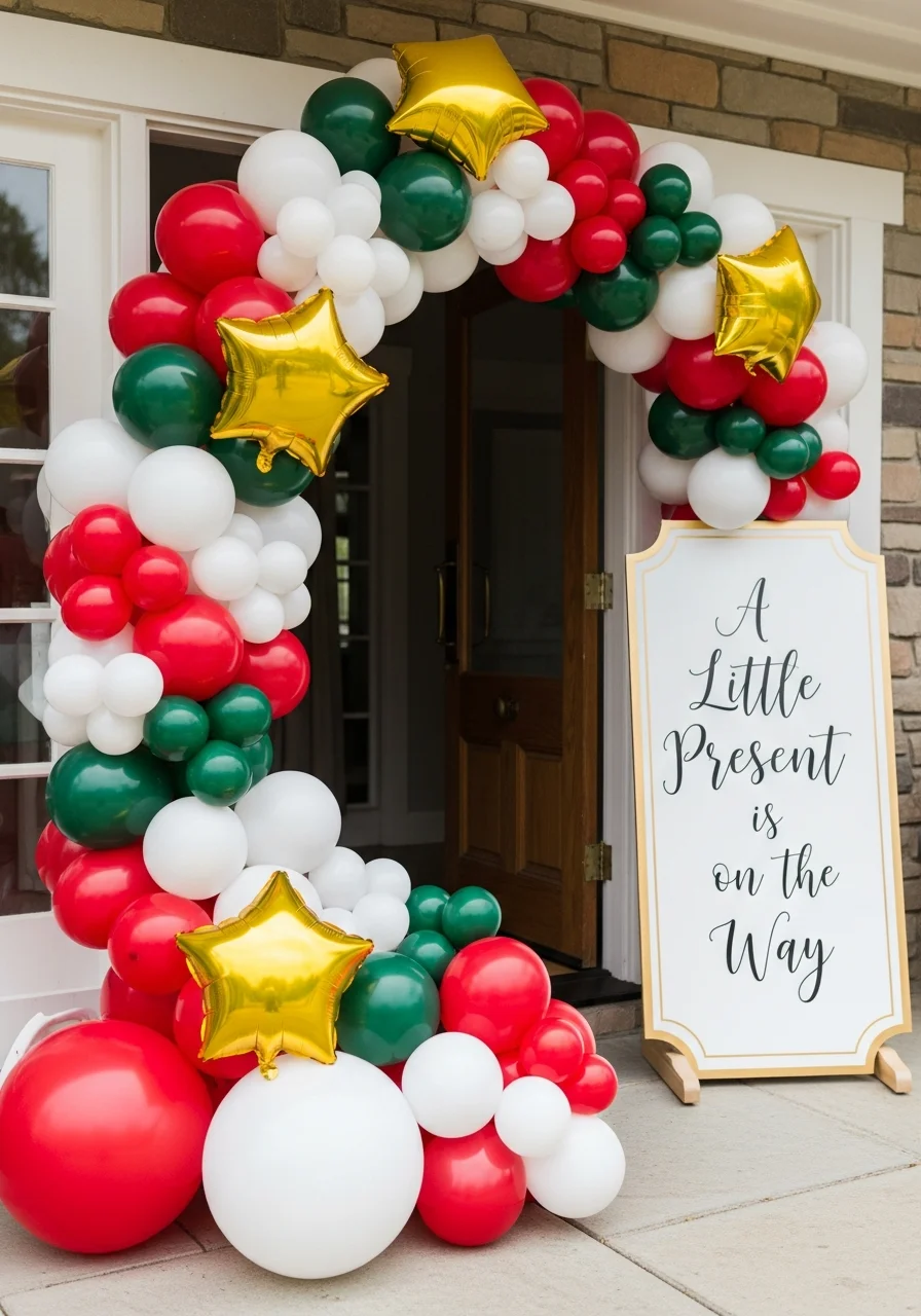Red, green, and white balloon entrance arch with gold star balloons and a welcome sign