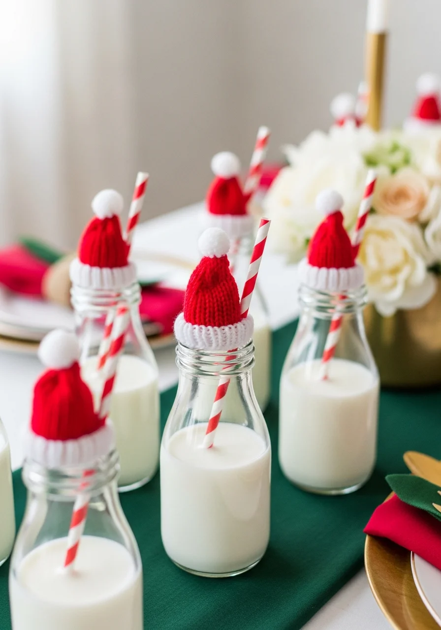 Mini milk bottles decorated with knit Santa hats and red and white striped straws