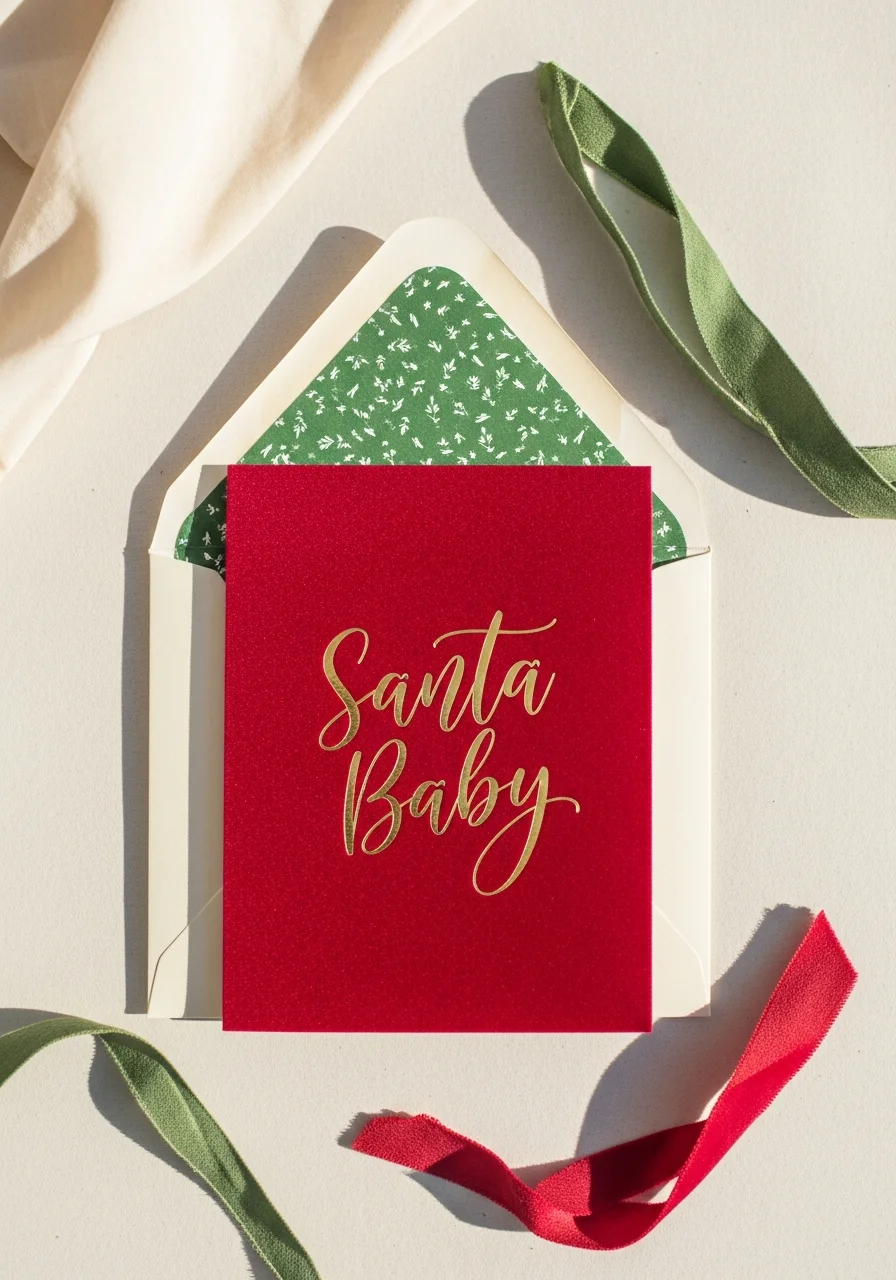 Crimson velvet Santa Baby invitation with gold foil lettering, green envelope lining, and velvet ribbons