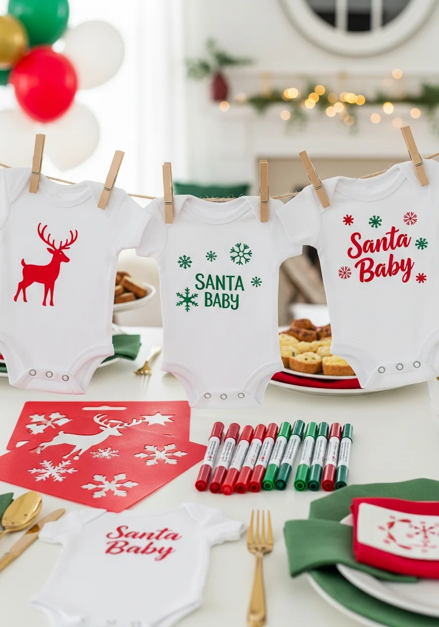 Baby shower onesie decorating station with white onesies, fabric markers, stencils, and holiday designs