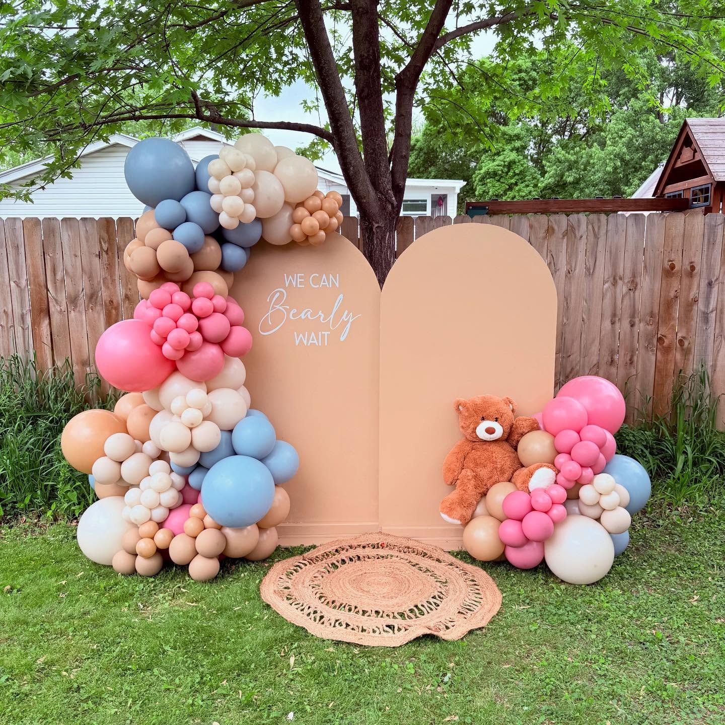 Dusty Blue Balloon Backdrop with Mini Bears