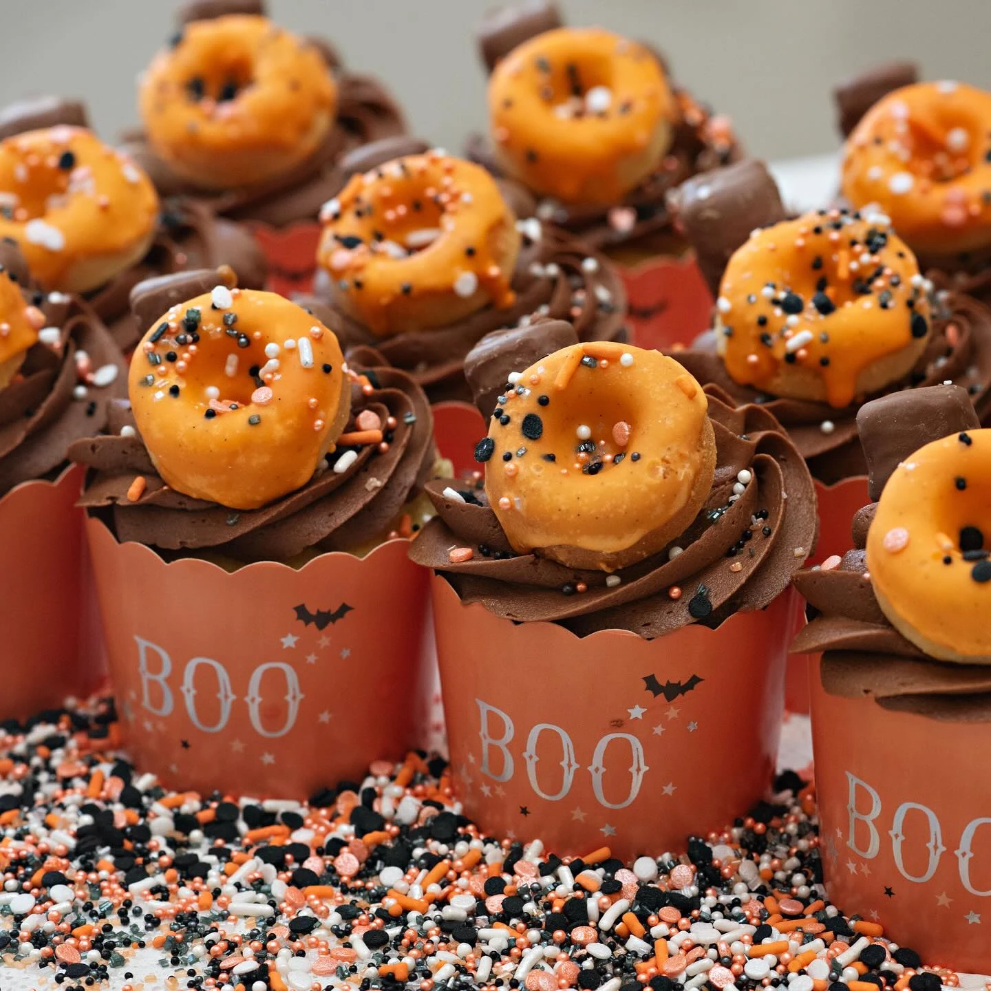 Boo Doughnut Topped Chocolate Cupcakes