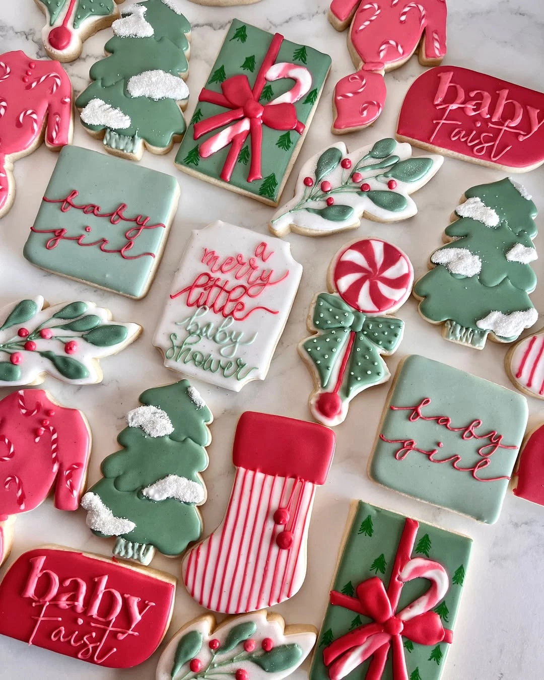 Holiday candy and cookie platter with Christmas tree cookies, licorice, marshmallows, and chocolates