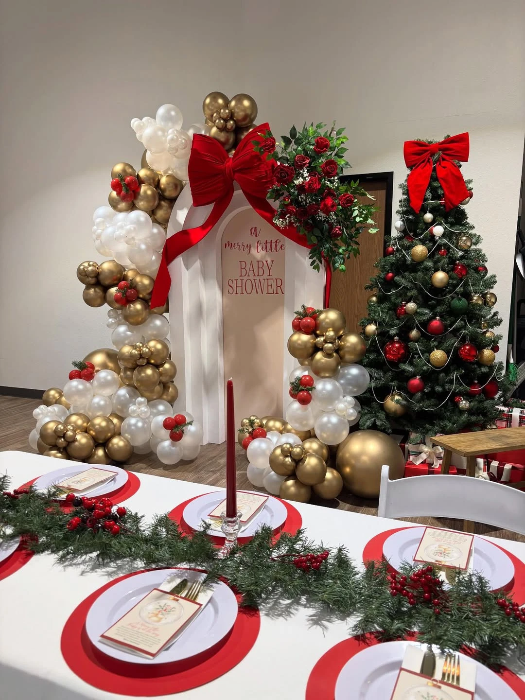 Gingerbread and peppermint backdrop display for a merry little baby shower