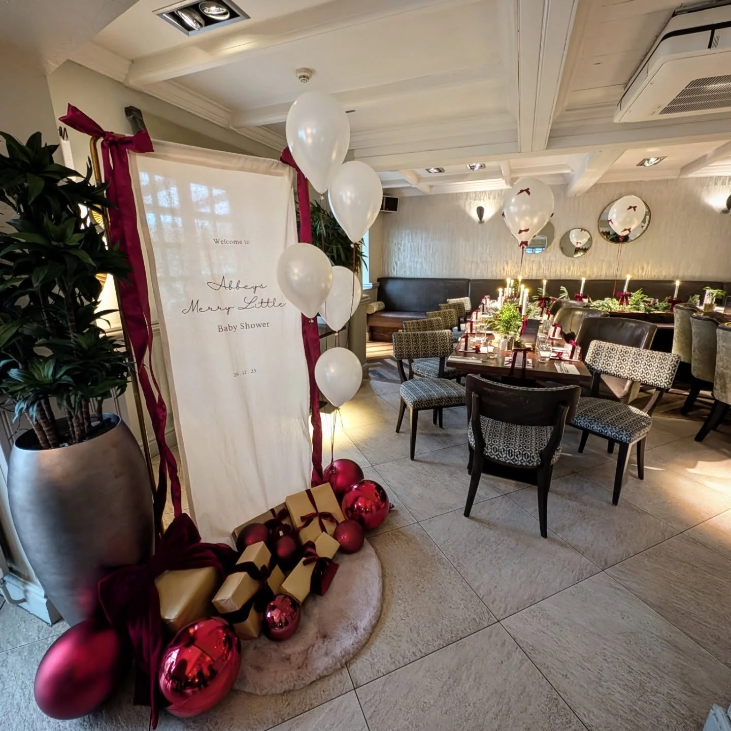 Industrial brick venue setup for a merry little baby shower