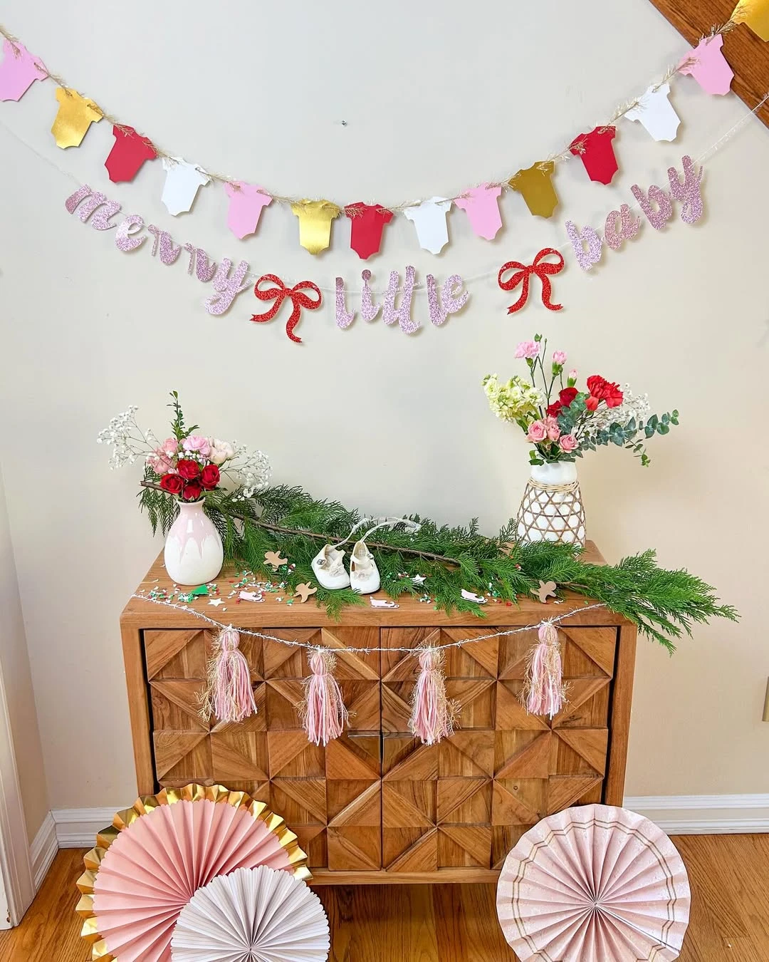 Wooden credenza decor display for a merry little baby shower