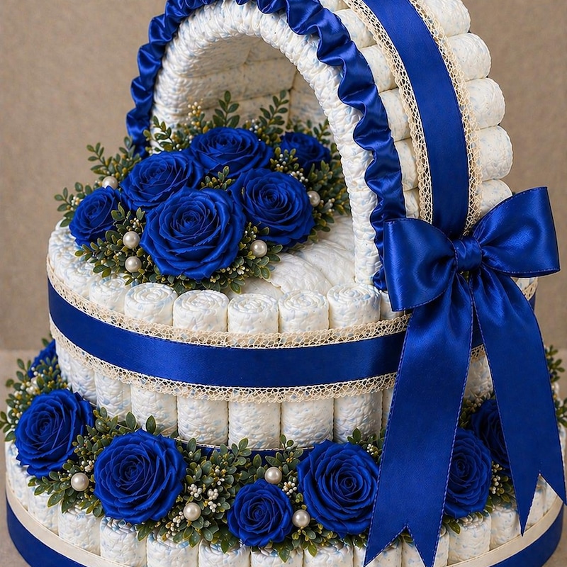 Royal Blue Rose Diaper Cake Basket