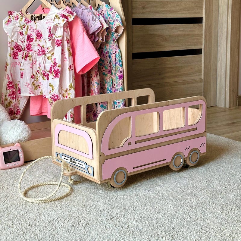 Pink Wooden Bus Toy Cart