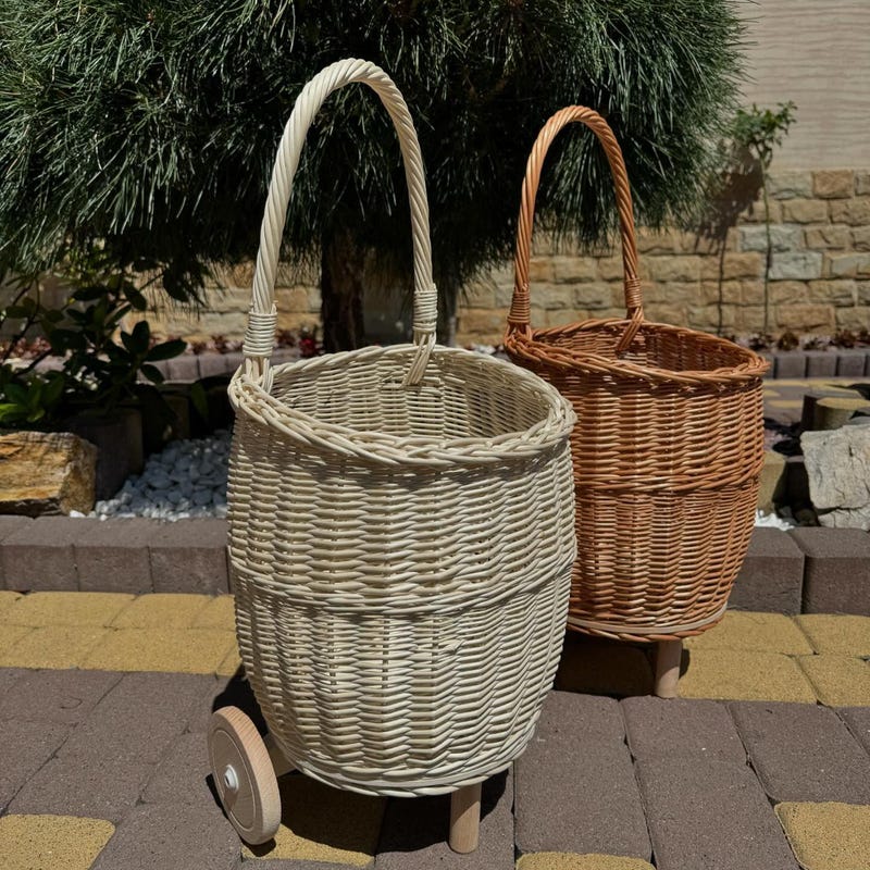 Woven Rattan Basket Trolley Duo