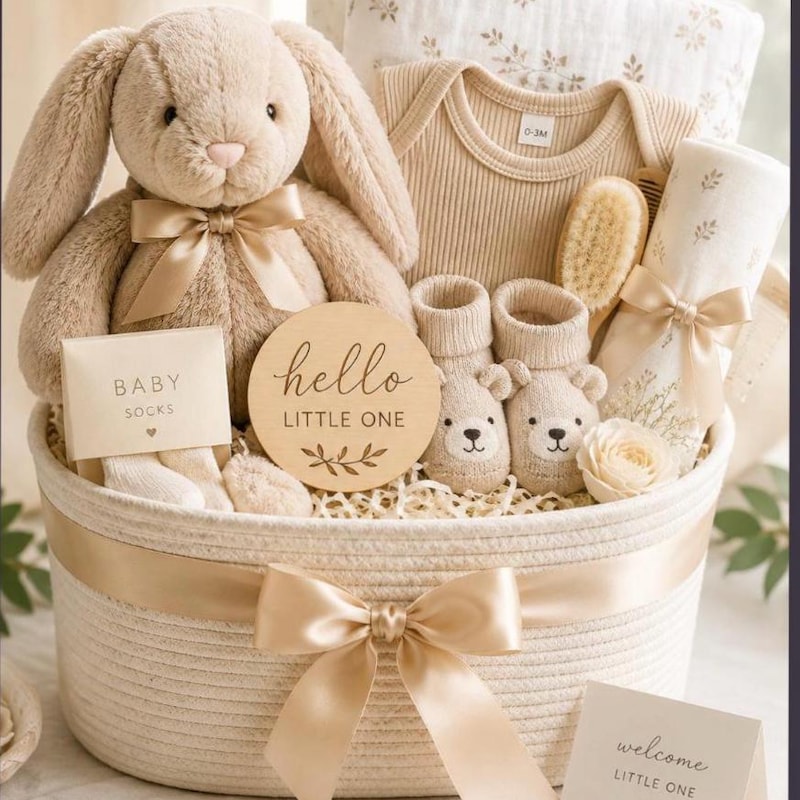 Neutral Plush Bunny and Essentials Basket