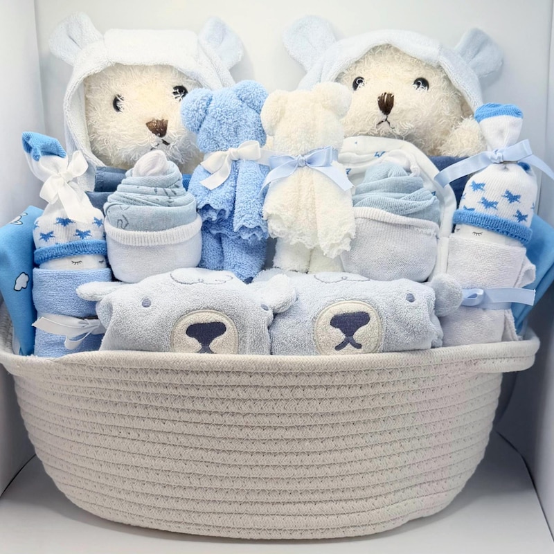 Twin Bear Hooded Towel and Sock Basket