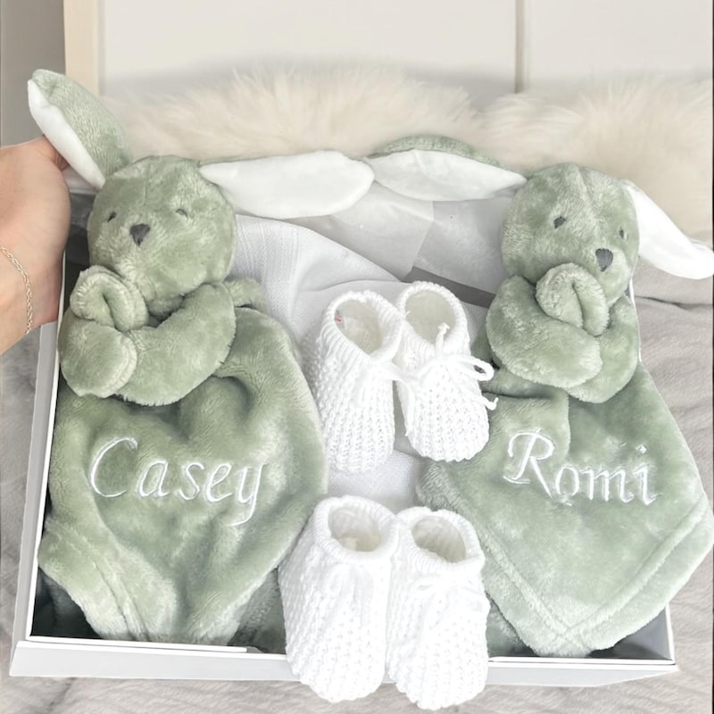Sage Green Personalized Rabbit Blanket Box